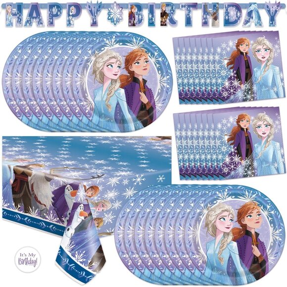 Magical Frozen Birthday Celebration Set - Plates Napkins & Tablecloth for 16